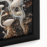 Close-up of a black framed canvas featuring a textured, colorful abstract design, ideal for living room decor.