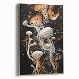 Framed canvas of a vintage landscape art painting featuring colorful natural elements on a black background.