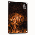 Large abstract wall art with warm autumnal hues on acrylic glass, ideal for enhancing bedroom or dining room decor.
