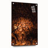 Large abstract wall art with warm autumnal hues on acrylic glass, ideal for enhancing bedroom or dining room decor.