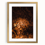 Extra large abstract art print featuring textured autumnal hues on a gold-framed canvas, ideal for living room decor.