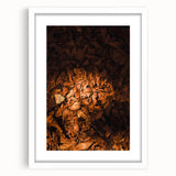 Abstract art print depicting autumn foliage in warm orange and red tones on a white framed canvas.