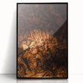 Large abstract wall art featuring autumnal hues on acrylic print, framed in black, suitable for modern living room decor.