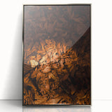 Mid-century modernist art depicting an abstract fall scene in warm orange and brown tones, framed in silver acrylic.