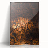 Art deco poster of a stylized fall tree in orange and red hues on a white acrylic framed print.