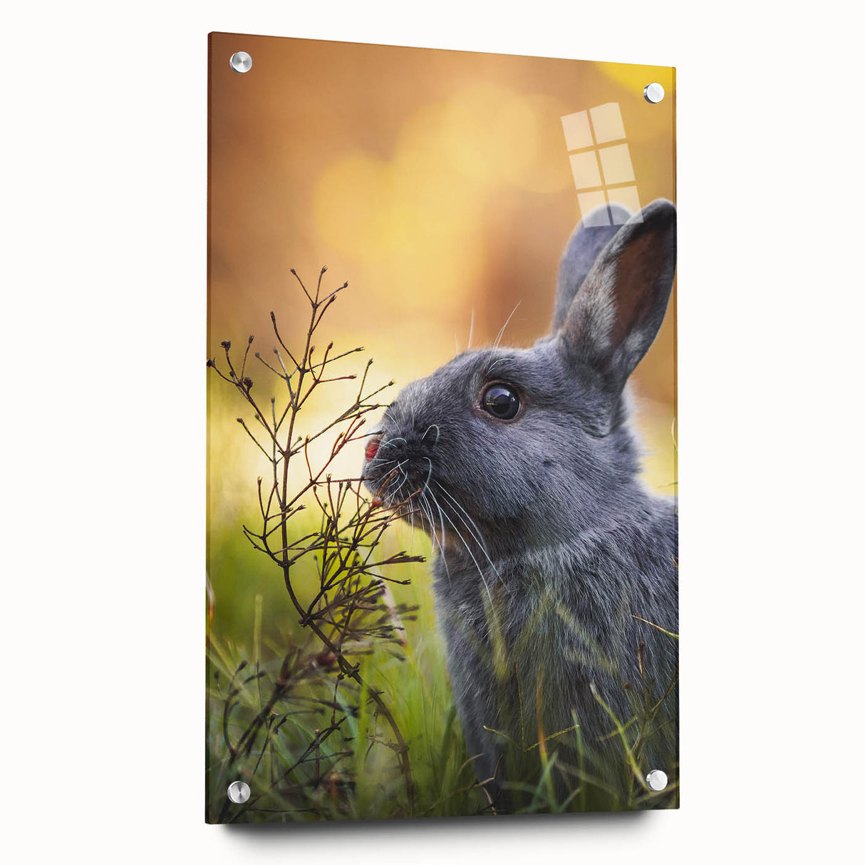 Large abstract wall art on acrylic glass depicting spring themes in vibrant green and yellow tones.