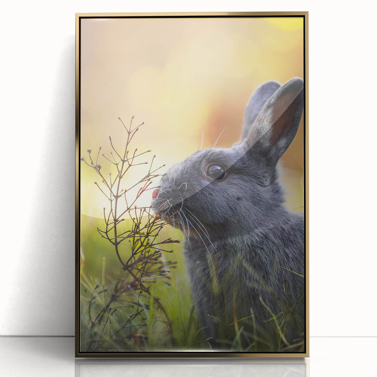 Mid-century modernist spring-themed large art print in acrylic, framed in gold, ideal for modern nursery decor.