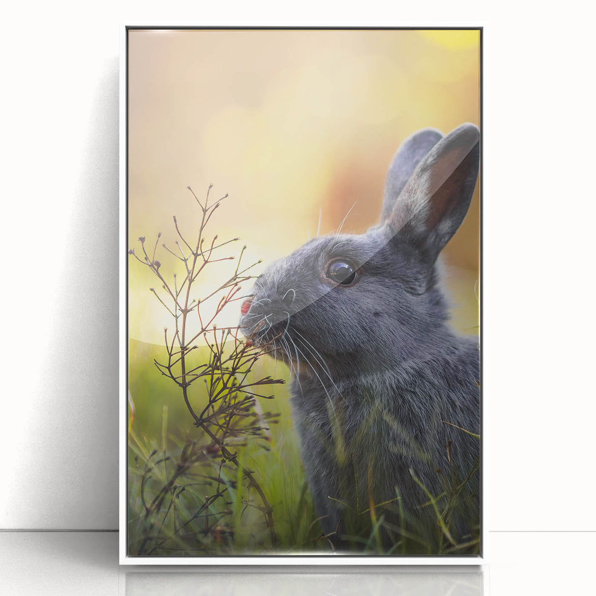 Art deco poster featuring a stylized spring scene in pastel colors on a white acrylic frame, ideal for nursery wall art.