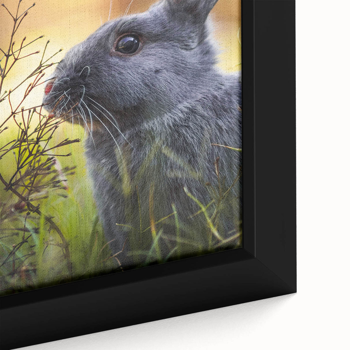 Close-up of extra large framed canvas depicting spring scene in textured style with vibrant colors on a black background.