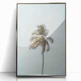 Mid-century modernist art featuring geometric shapes in pastel shades on a silver-framed acrylic print.