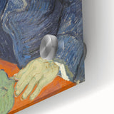 Large abstract wall art print on acrylic glass featuring mid-century modernist swirls in blue and yellow.