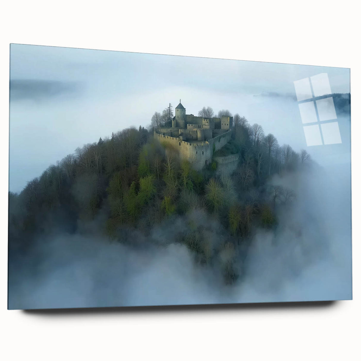 Acrylic glass landscape artwork showcasing an elegant castle scene, viewed from the side, highlighting vibrant colors and intricate details, perfect for home decor.