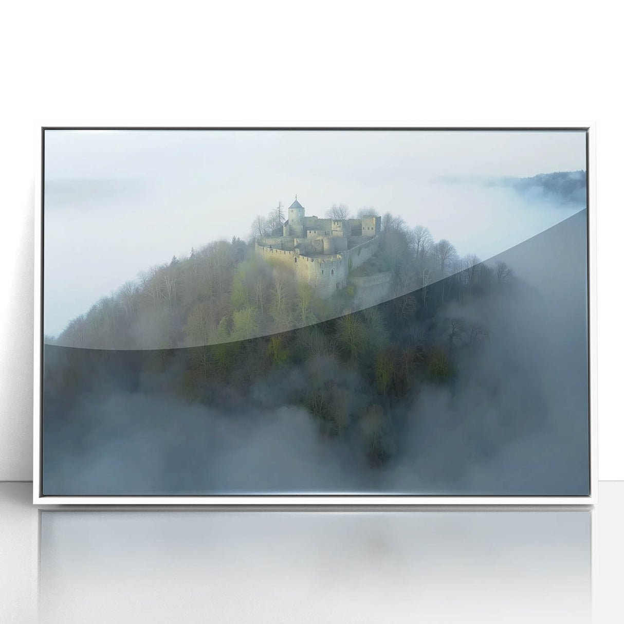 Framed acrylic artwork showcasing a vibrant landscape with a majestic castle, set against a serene sky, perfect for enhancing home decor or office ambiance.