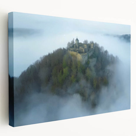 Stretched canvas artwork showcasing a vibrant landscape with a majestic castle set against a serene sky, perfect for home decor enthusiasts.