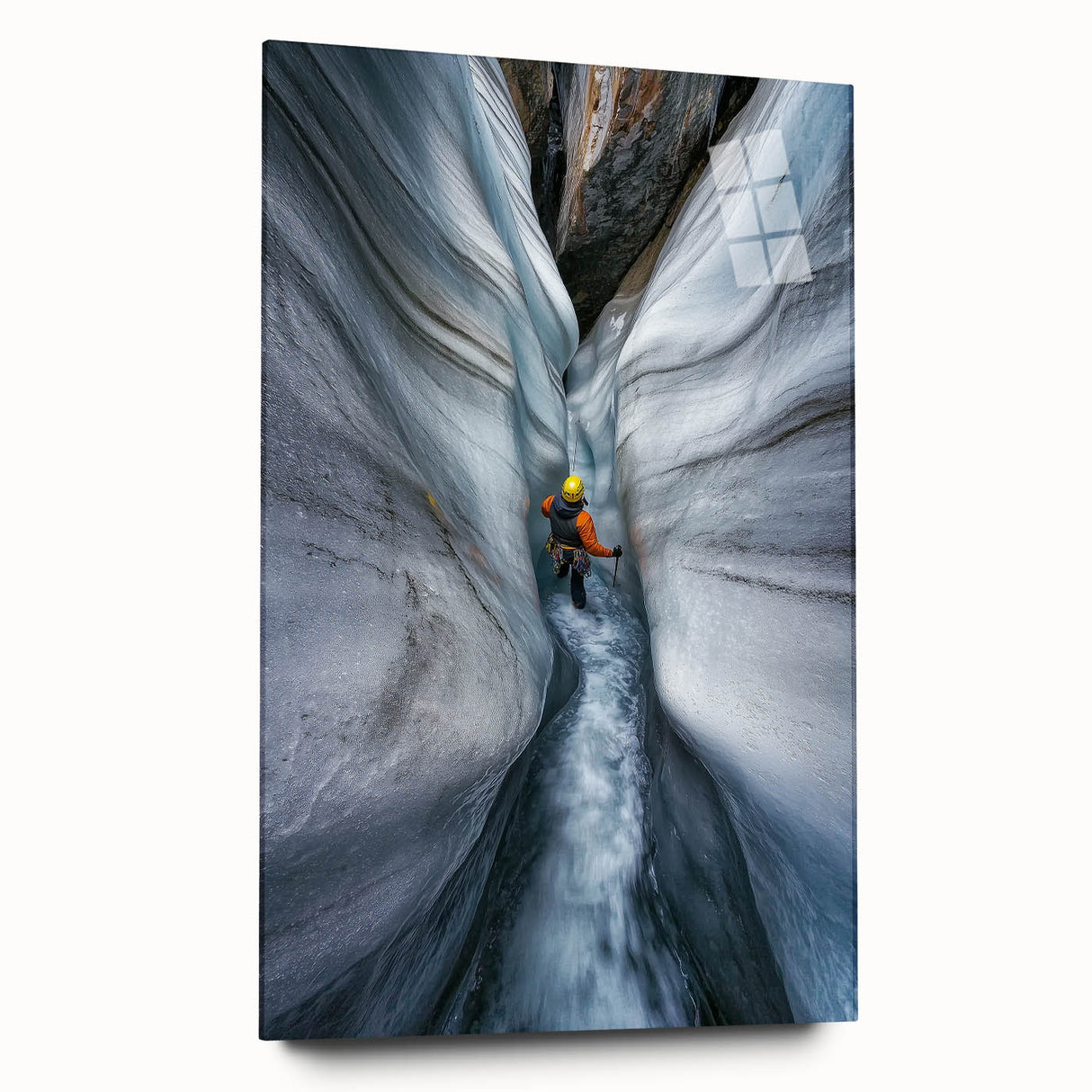 Acrylic glass artwork depicting a stunning cave landscape, showcasing intricate details and vibrant colors, viewed from a side angle to highlight depth and texture.