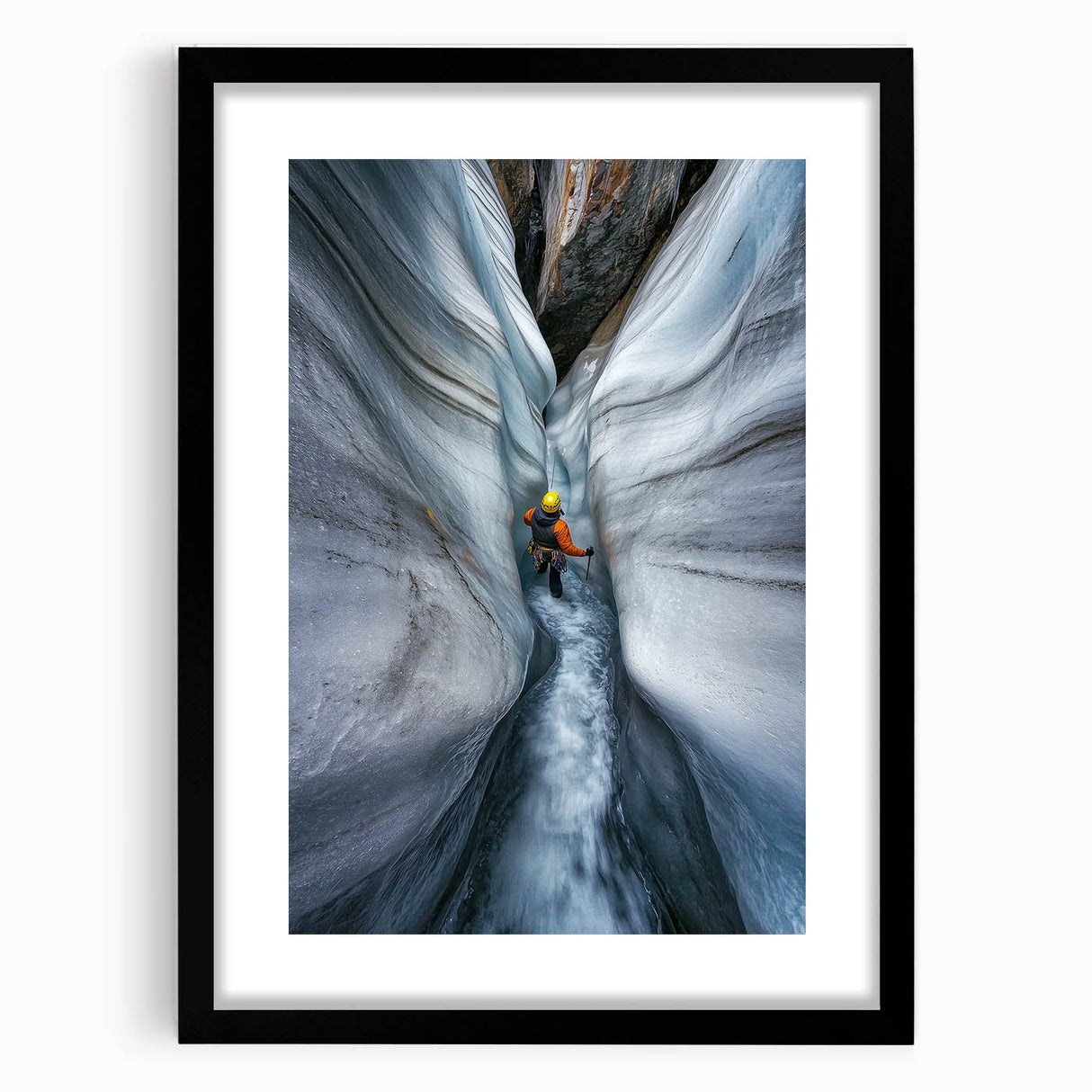 Framed landscape artwork showcasing a serene cave scene, highlighted with a black mat, perfect for home decor and interior design enthusiasts. Ideal for adding a touch of nature to living spaces.