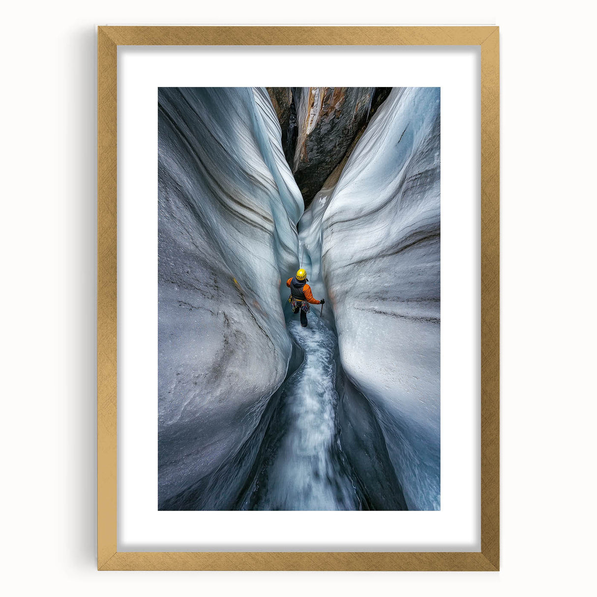 Elegant gold-framed landscape art print showcasing intricate cave designs with a mat for added depth, perfect for enhancing home decor and creating a serene atmosphere.