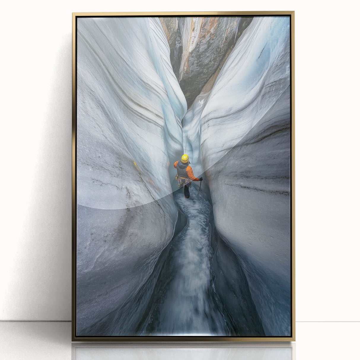Framed acrylic artwork depicting a stunning landscape with intricate cave formations and golden accents, showcasing vibrant colors and modern design elements. This piece adds a touch of elegance to any room decor.