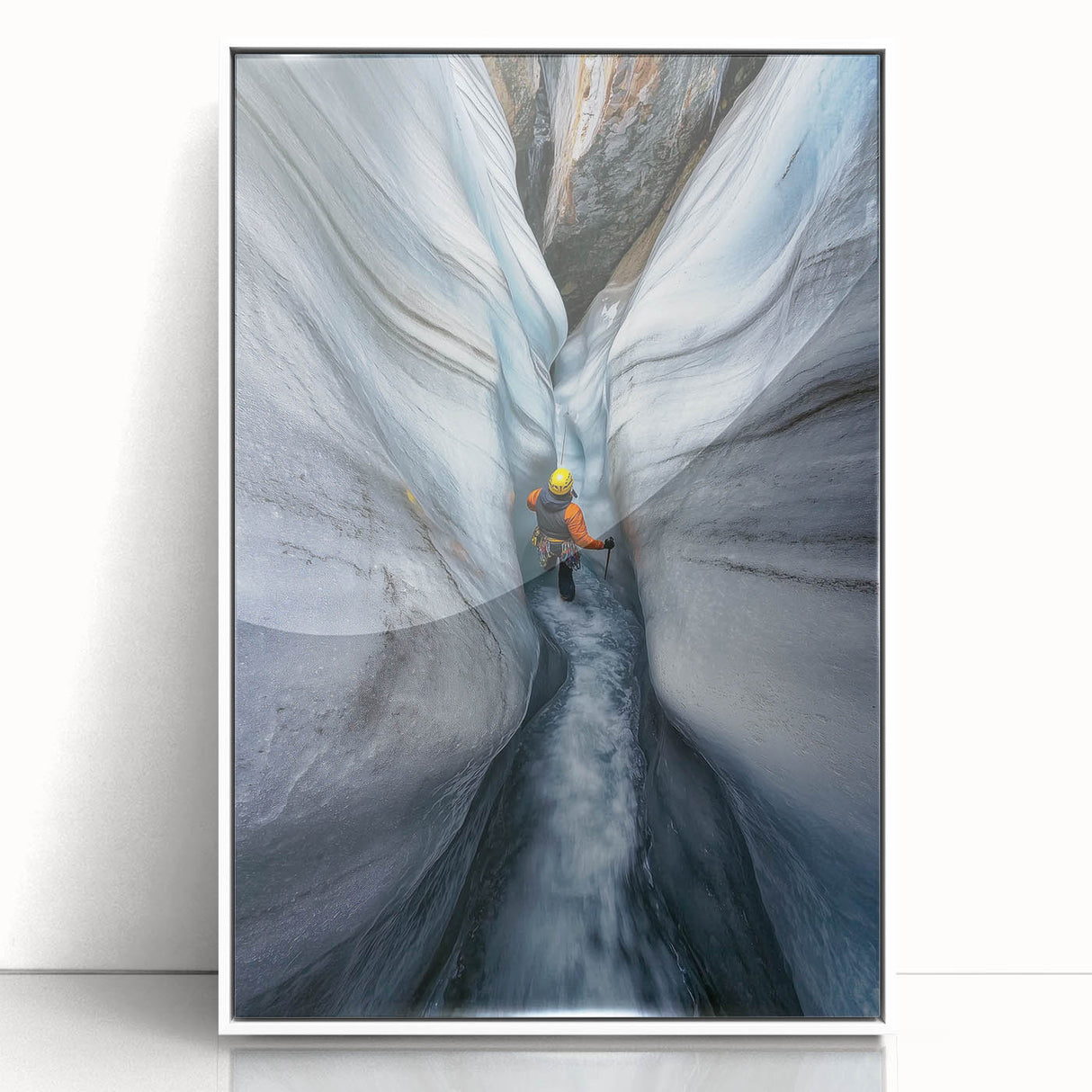 Framed acrylic artwork showcasing a stunning cave landscape with vibrant colors, white frame enhancing the visual appeal; perfect for home decor and art enthusiasts.