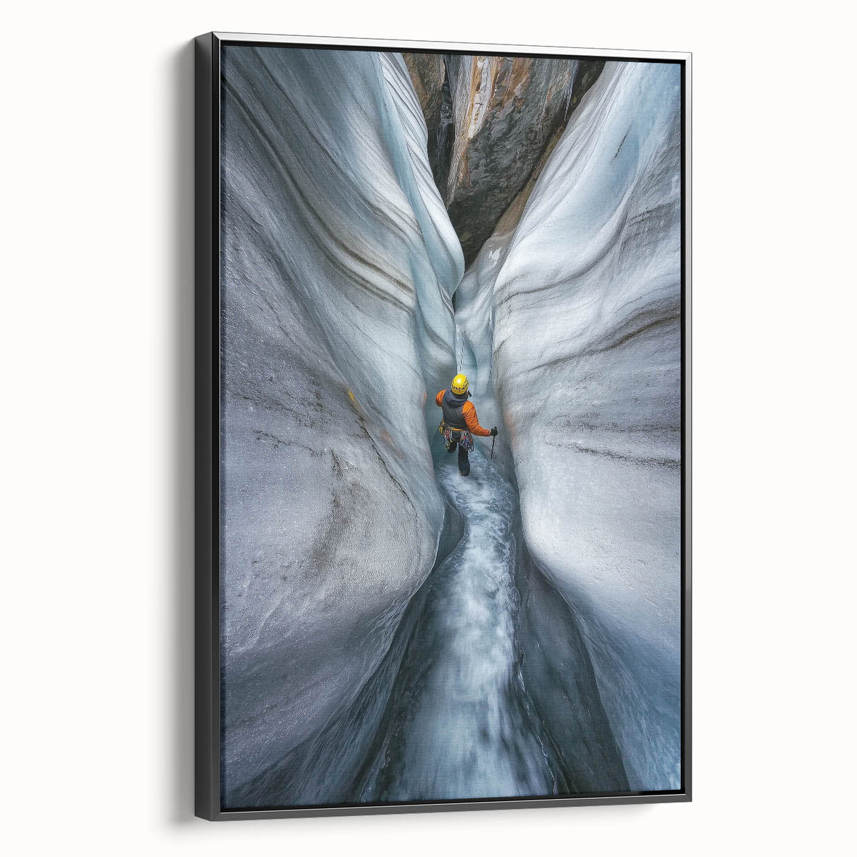 Framed canvas artwork depicting a stunning cave landscape with rich textures and deep colors, featuring a sleek black frame, perfect for enhancing modern home decor.
