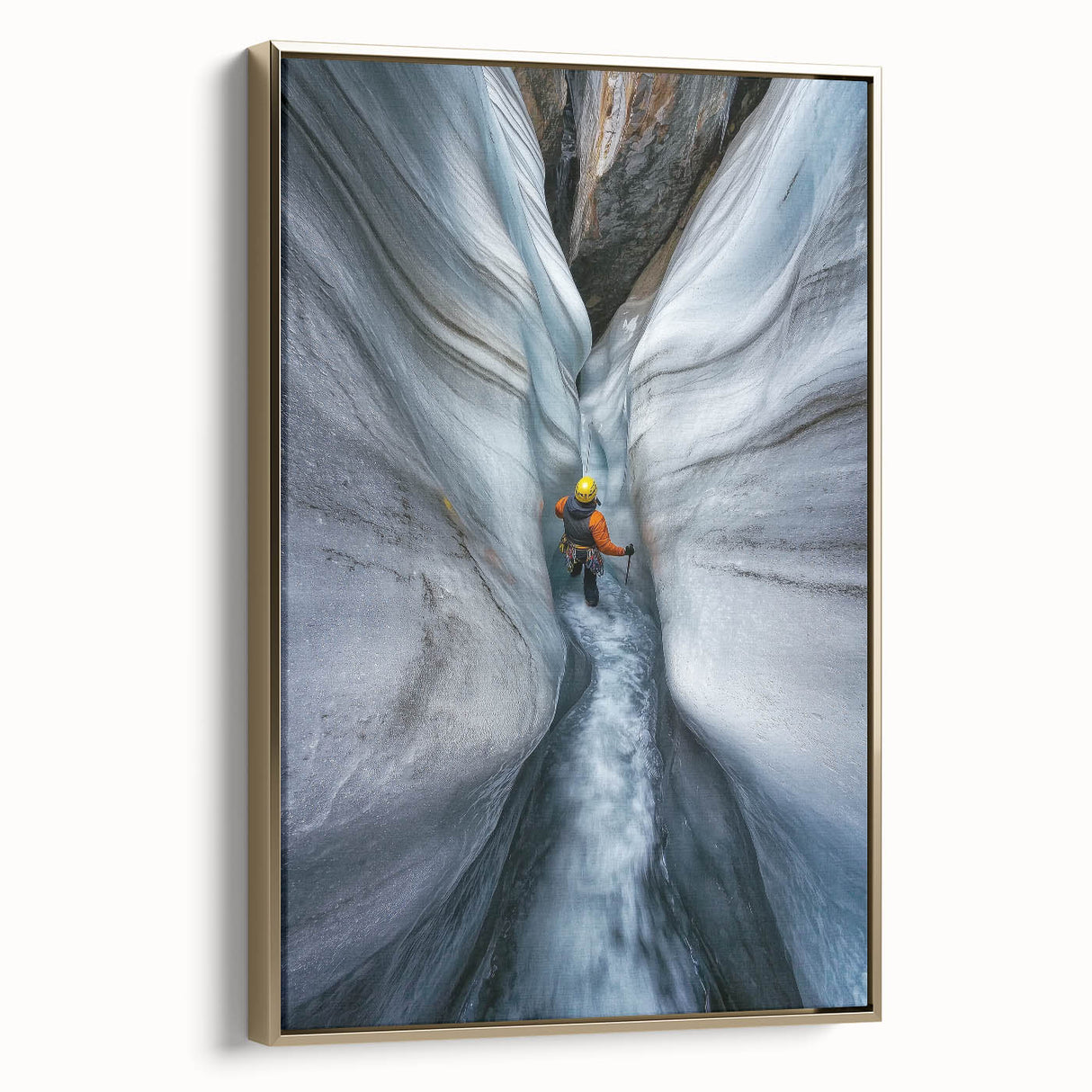 Framed canvas artwork showcasing a stunning landscape with intricate cave formations, highlighted by a gold frame, ideal for enhancing modern home decor.