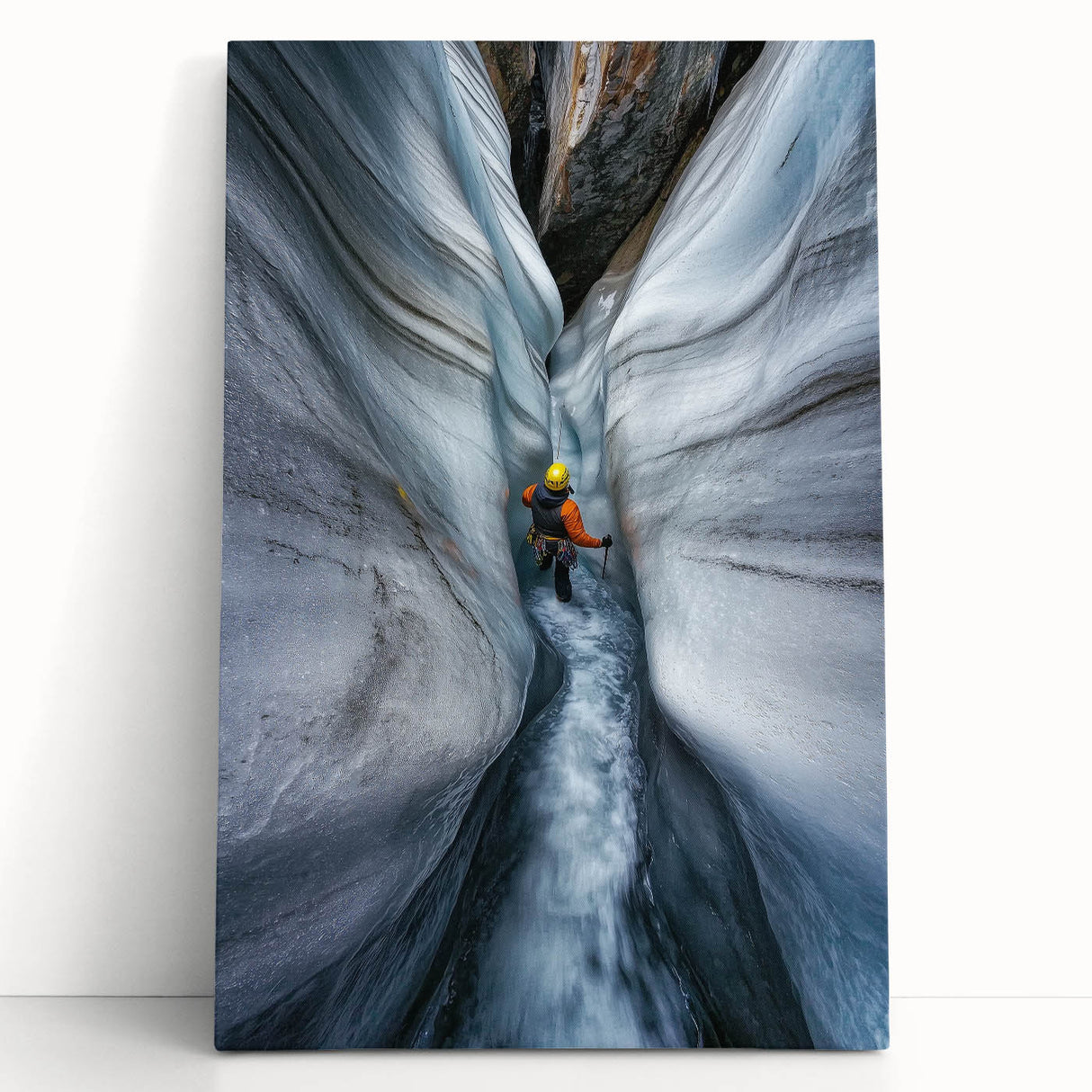 Stretched canvas artwork depicting a vibrant abstract landscape with caves, featuring warm earth tones and intricate details, ideal for modern home decor.