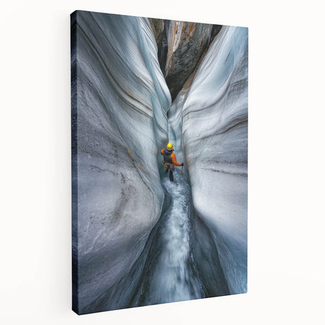 Stretched canvas artwork depicting a serene landscape with caves, showcasing rich earthy tones and intricate details, perfect for home decor enhancement.