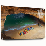 Side view of an acrylic glass artwork depicting dramatic cliffs and serene landscapes, displayed with decorative pins, enhancing its modern aesthetic.