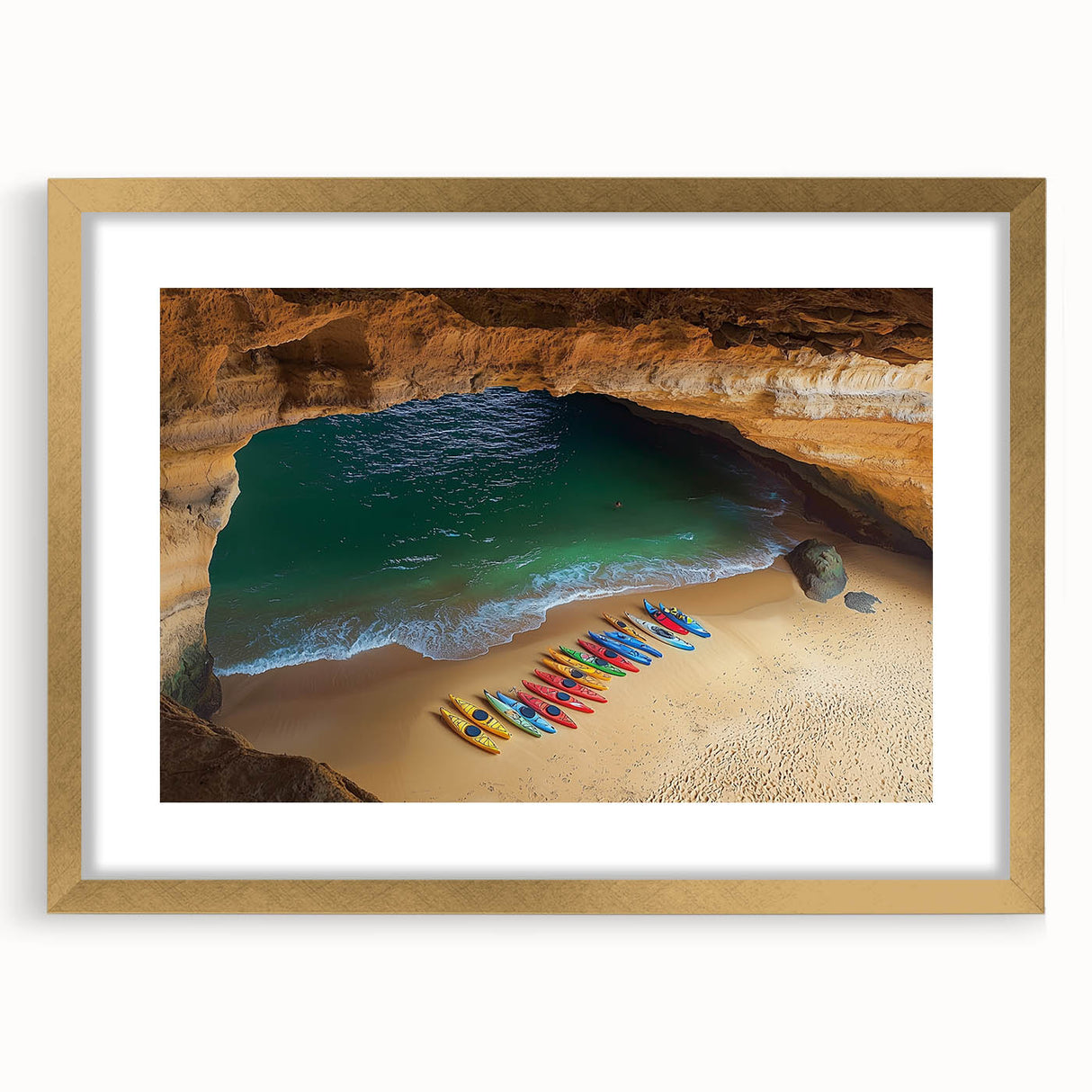 Elegant gold-framed landscape print featuring dramatic cliffs, with a white mat for added contrast, ideal for enhancing home décor in living spaces or offices.