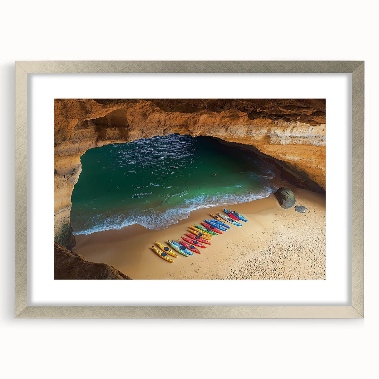 Silver-framed landscape artwork depicting dramatic cliffs, complete with a white mat border, ideal for modern home decor, emphasizing natural beauty and elegance.