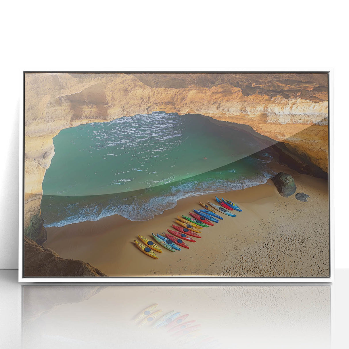 Framed acrylic artwork showcasing a stunning cliff landscape with vibrant colors and intricate details, set in a sleek white frame, perfect for home decor.
