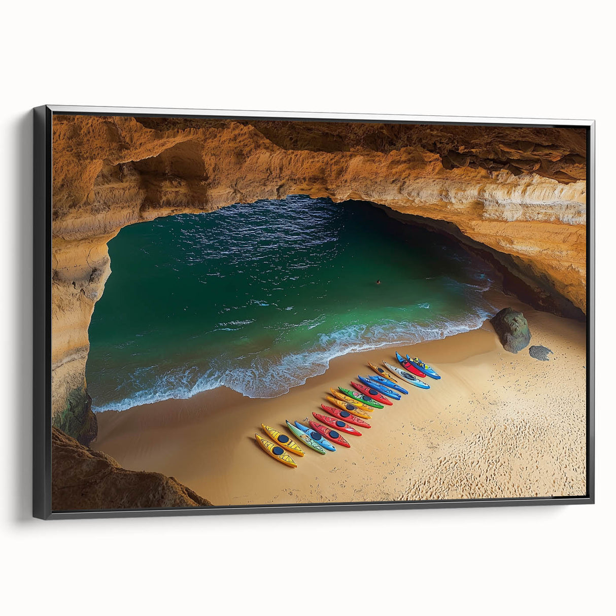 Framed canvas art depicting a stunning landscape of rugged cliffs, showcasing earthy tones and intricate details, with a sleek black frame enhancing its elegance.