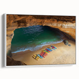 Framed canvas artwork depicting a dramatic landscape of rugged cliffs and serene ocean waves, showcasing vibrant colors and intricate details, ideal for home decor.