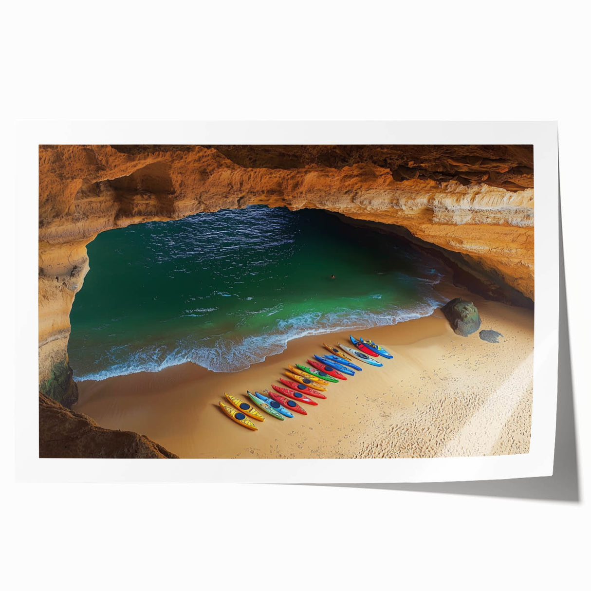 Serene landscape print showcasing dramatic cliffs and lush greenery, rolled for easy shipping and framed for stylish home decor. Ideal for nature enthusiasts.