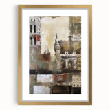 Abstract architecture wall art framed in gold, showcasing geometric patterns and vibrant colors, perfect for modern home decor or office spaces.