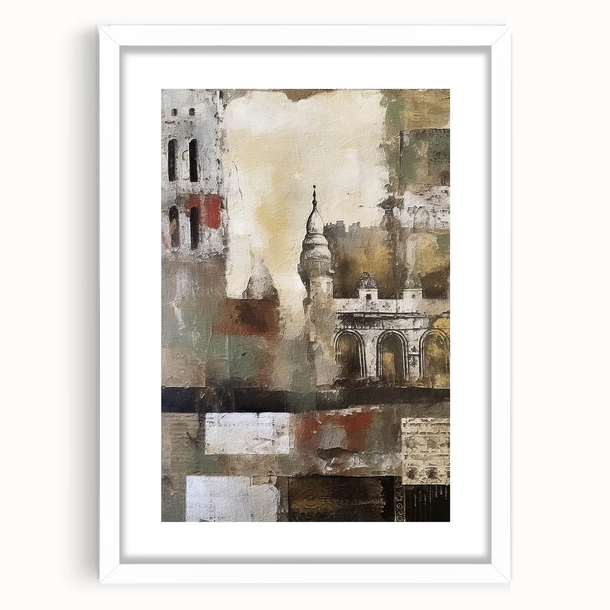 Abstract architecture wall art framed with a white mat, showcasing geometric shapes and lines in a modern design, perfect for contemporary home decor.
