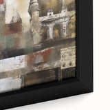 Framed abstract architecture wall art in vibrant colors featuring geometric shapes and lines, perfect for modern home decor. Close-up details highlight texture and design intricacies.