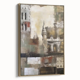 Modern abstract architecture wall art framed in a stylish gold frame, showcasing intricate geometric patterns and elegant lines, perfect for contemporary decor.