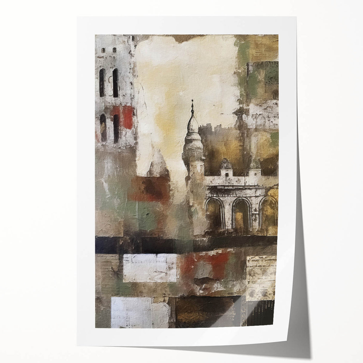 Abstract architectural wall art print showcasing geometric shapes and vibrant colors, rolled neatly for easy display, perfect for modern home decor.