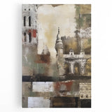 Abstract architectural wall art on stretched canvas showcasing geometric shapes in vibrant blue and orange hues, ideal for modern home decor.