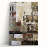 Abstract architecture wall art on stretched canvas, showcasing vibrant geometric patterns in shades of blue and gold, creating a modern aesthetic for interior decor.