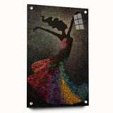 Abstract figurative wall art displayed in a side view, showcasing vibrant colors and intricate patterns on acrylic glass, secured with stylish pins for a contemporary aesthetic.