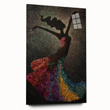 Abstract figurative wall art displayed in a sleek acrylic frame, showcasing vibrant colors and unique shapes, ideal for modern interior decor.