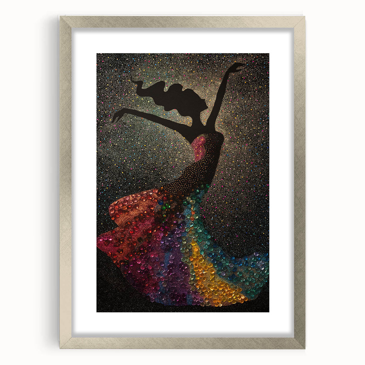 Abstract figurative wall art framed in a sleek silver frame, featuring dynamic shapes and vivid colors, ideal for modern home decor or office spaces.