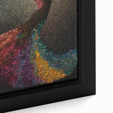 Close-up of abstract figurative wall art featuring vibrant colors and dynamic shapes, showcasing a modern design. Framed canvas adds elegance to any decor.
