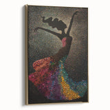 Framed abstract figurative wall art in gold tones, showcasing a contemporary design with dynamic shapes, ideal for modern home decor. Side view highlights the canvas's texture and framing details. Perfect for adding sophistication to any room.