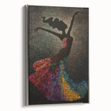 Framed abstract figurative wall art with silver accents, showcasing dynamic shapes and colors, ideal for modern decor in living spaces or offices.