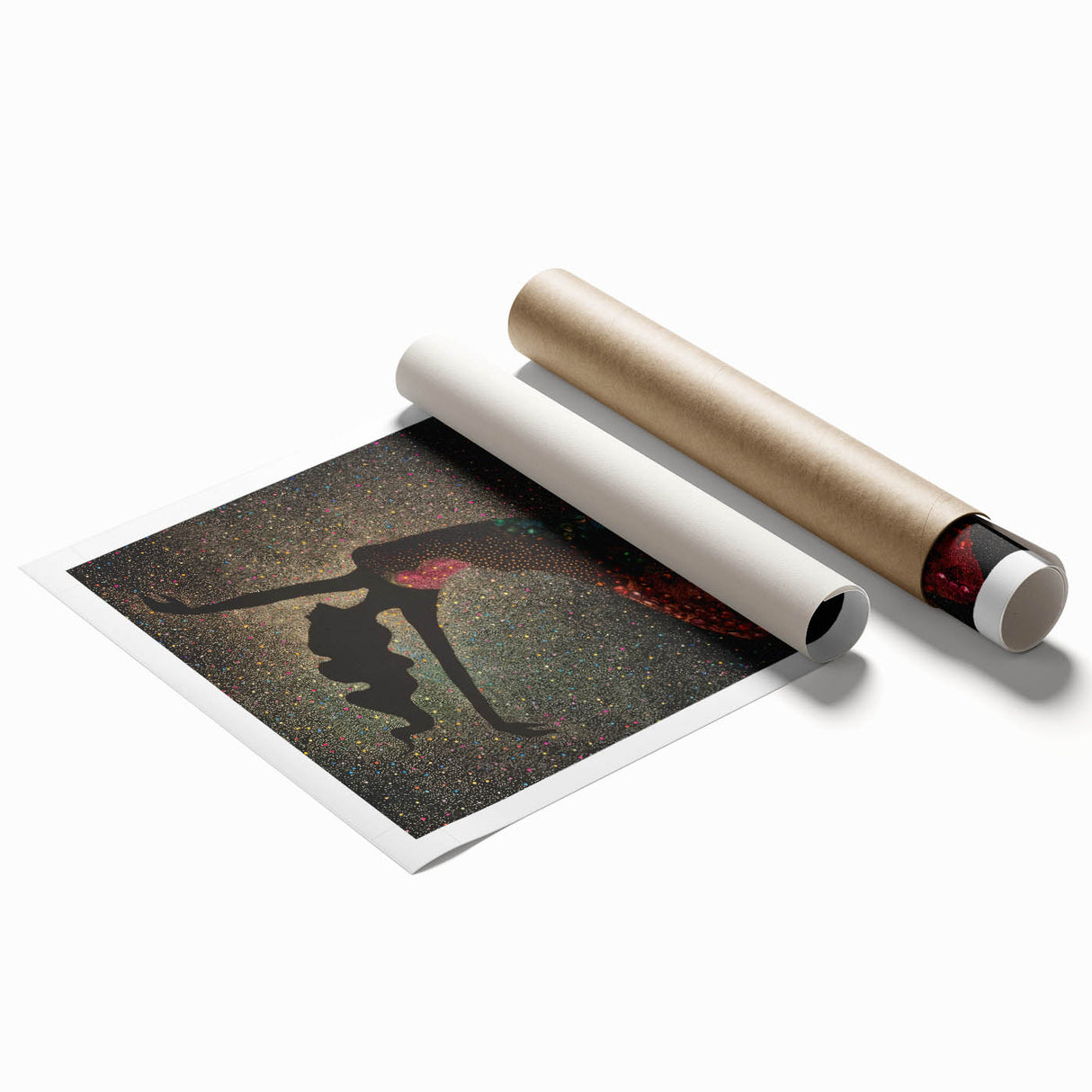 Abstract figurative wall art print featuring vibrant colors and fluid shapes, showcasing a contemporary design ideal for modern home decor. Rolled and ready for framing.