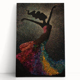 Abstract figurative wall art on stretched canvas, showcasing vibrant colors and dynamic shapes. The artwork leans against a neutral wall, adding a modern touch to home decor.