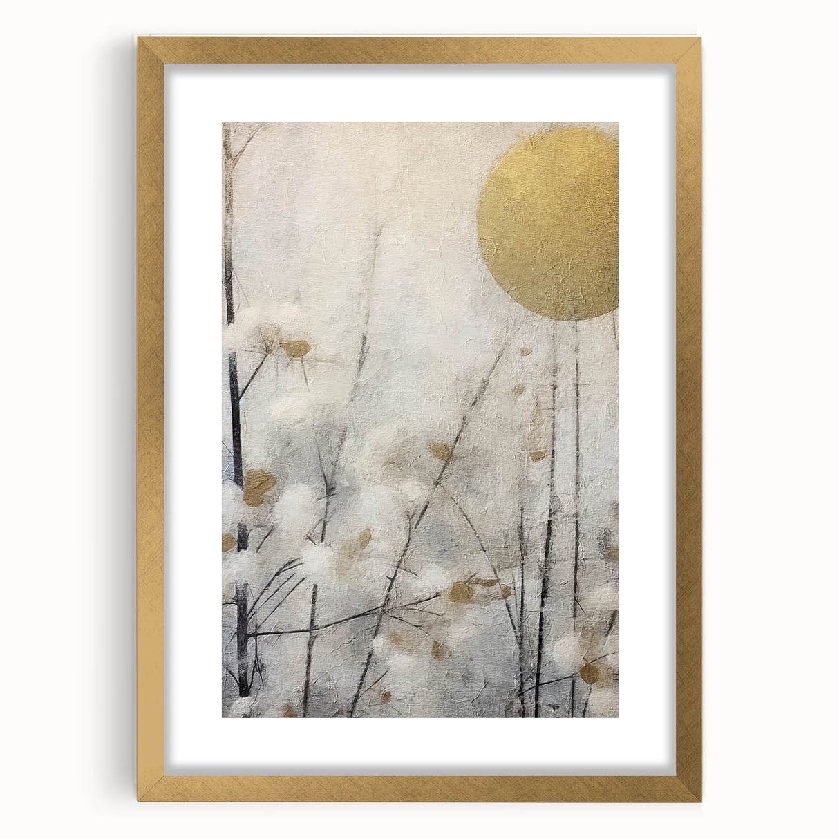 Abstract floral wall art framed in gold with a mat, showcasing vibrant colors and intricate patterns, perfect for enhancing modern home decor.